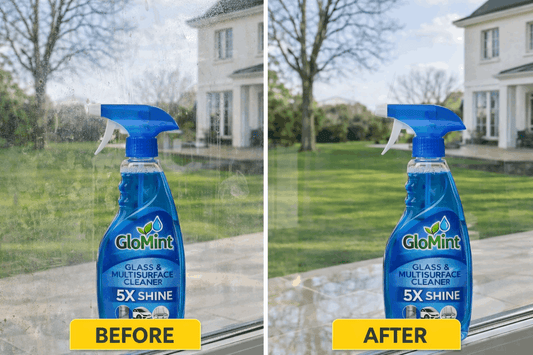 Glo Mint glass cleaner bottle before and after cleaning a window with a house in the background.