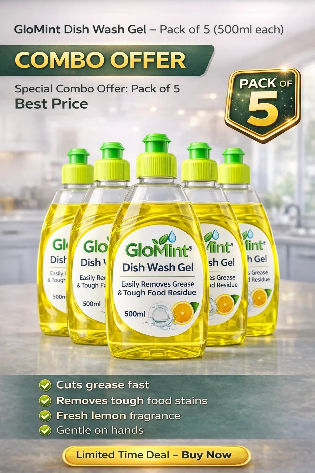 GloMint Dish Wash Gel Pack of 5 (500 ml Each)